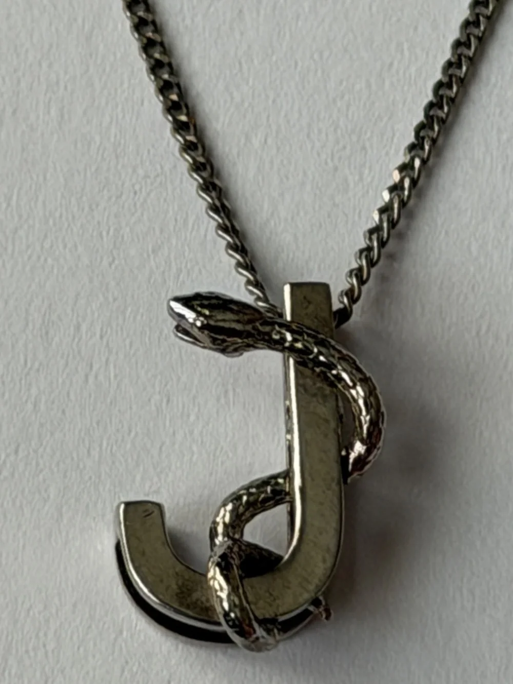 Saint Laurent YSL Sterling Silver J Initial Letter Snake Pendant Chain Necklace